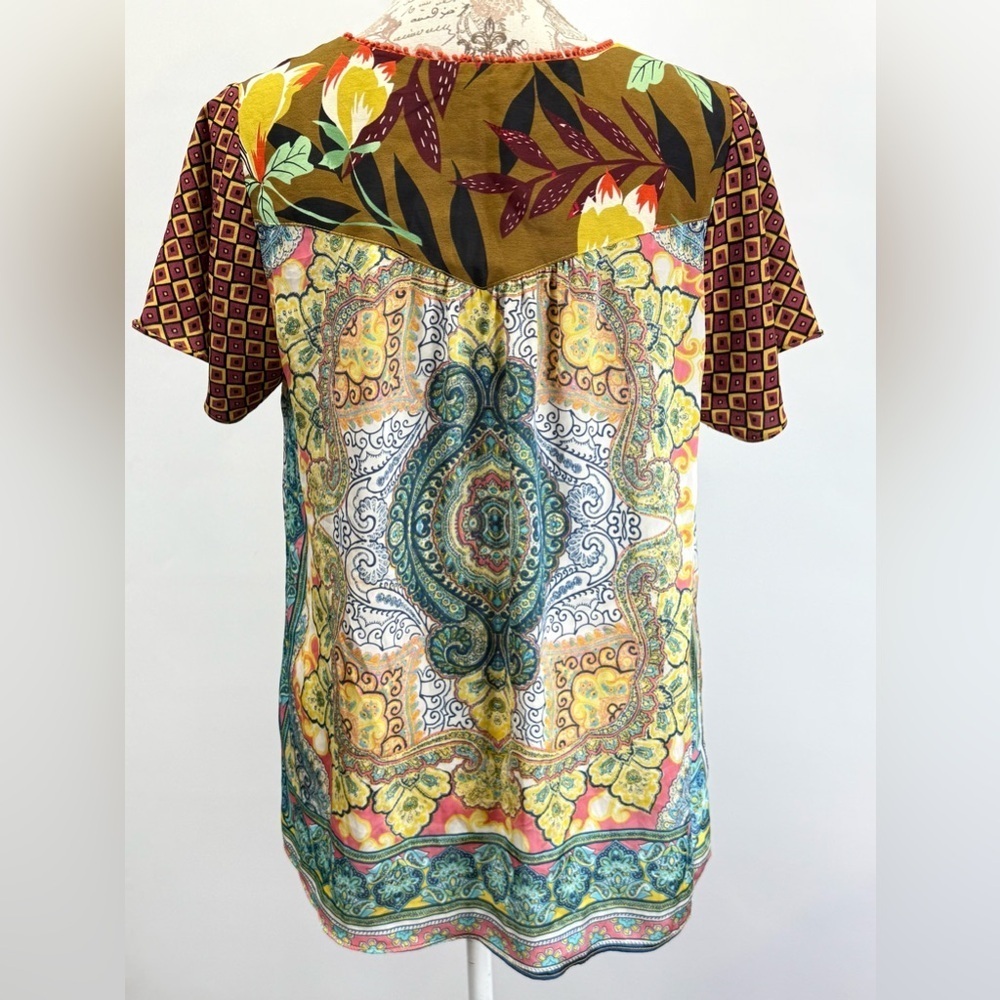 ODDY Yellow and Blue multi graphic print silky top size M - Picture 4 of 13